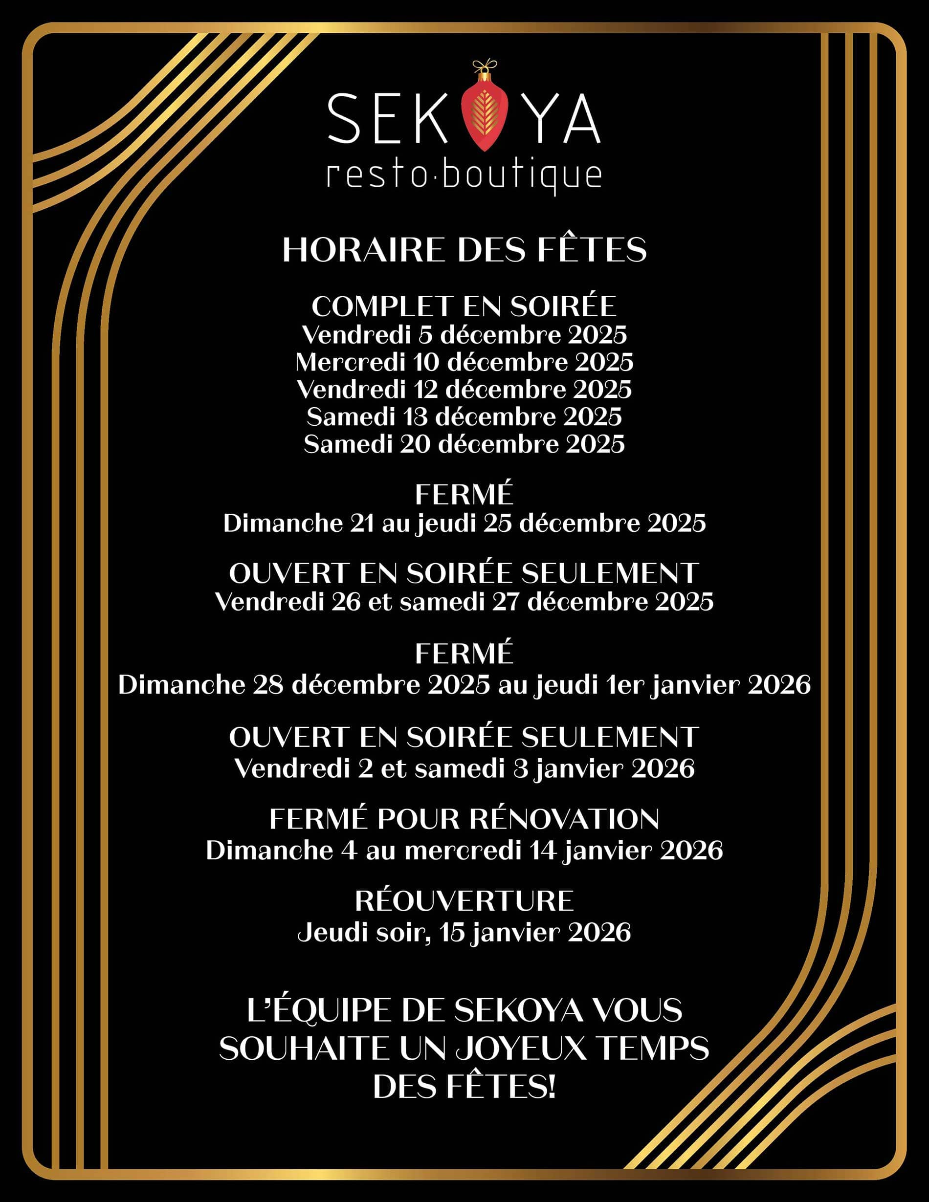 Horaire des Fêtes 2025